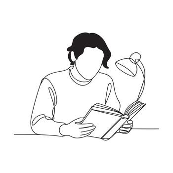 Arte de persona leyendo libro con lámpara, continuo línea dibujo vector