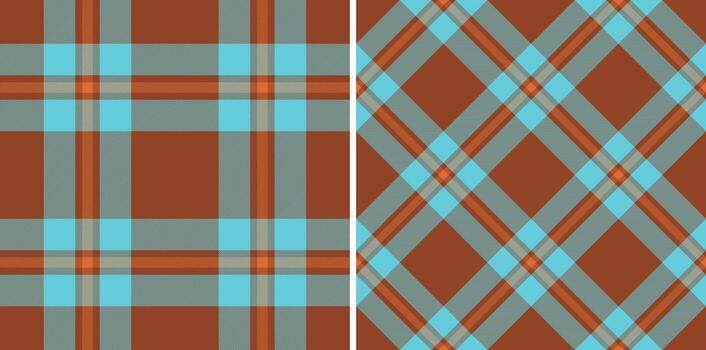 dos vibrante tartán patrones en verde azulado, naranja, y marrón oferta versátil diseño opciones Perfecto para textiles, web diseño, o embalaje, estos sin costura texturas evocar calor y un toque de rústico encanto. vector