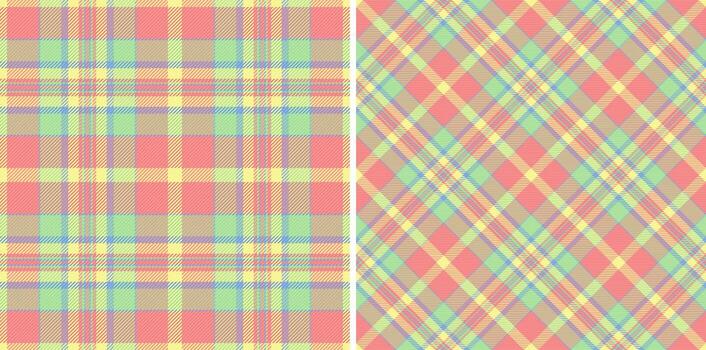Seamless fabric pattern of plaid textile tartan with a check texture background. Set in rainbow colors for tweed in modern fashion. vector