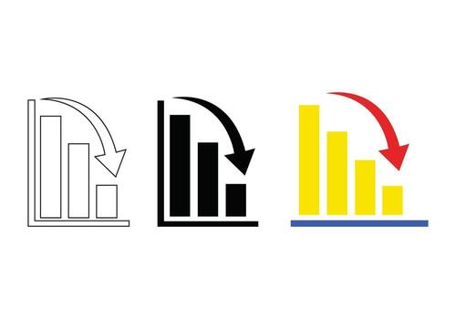 Tres íconos representando un hacia abajo tendencias grafico aislado en blanco antecedentes vector
