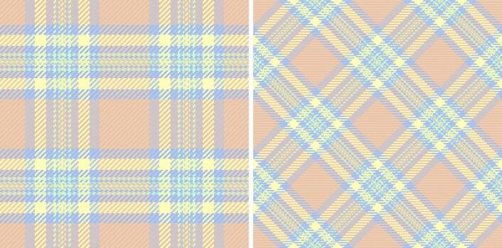 Pastel plaid pattern. Soft hues of peach, yellow, and blue create a gentle, woven texture. Ideal for backgrounds, textiles, or designs needing a subtle, classic touch. vector
