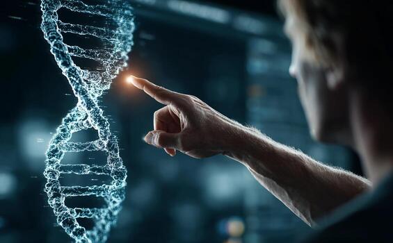 Scientist touching futuristic dna double helix on interactive screen photo