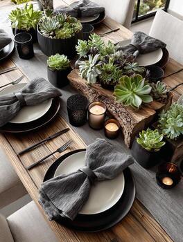 Elegant table setting featuring succulents and candles creating a natural ambiance photo