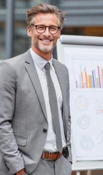 Smiling businessman presenting growth chart on flip chart during corporate meeting photo