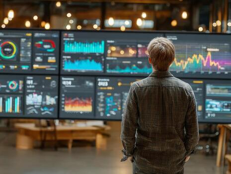 Businessman analyzing data on multiple computer screens in office photo
