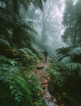 Hiker walking on misty path in lush rainforest photo