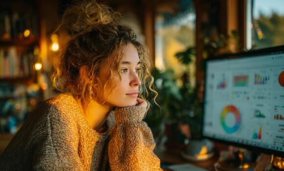 Businesswoman working from home analyzing charts on computer screen photo