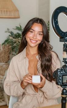 Influencer showing cosmetics product while recording at home photo