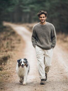 Young man walking with australian shepherd dog in forest path photo
