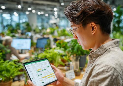 Project manager using calendar app on tablet in green office photo