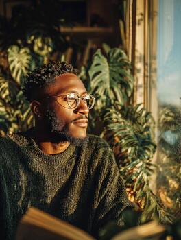 Pensive man reading book and looking out window surrounded by plants photo