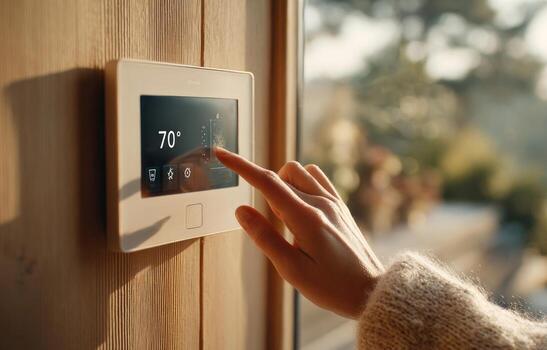 Woman using smart home system on wall mounted control panel photo