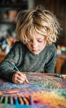 Young child drawing with colored pencils at home, developing creativity photo