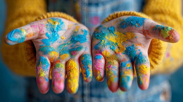 Child showing hands covered in colorful paint splatter photo
