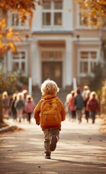 Child running to school on an autumn day, back to school concept photo