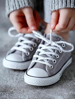 Child tying shoelaces on gray sneakers, getting ready for adventures photo