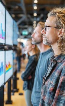 Team analyzing financial data on multiple large screens photo