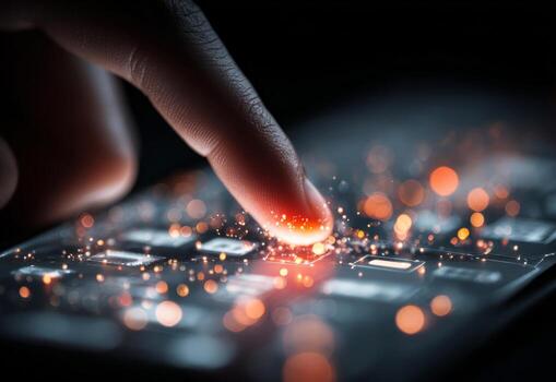 Finger touching digital circuit board connecting data and technology photo