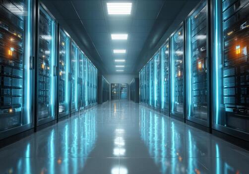 Server racks creating data storage corridor in data center photo