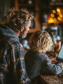 Father and child bonding over digital learning at home photo