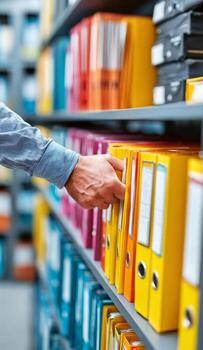 Male hand selecting colorful binder from archive shelf photo