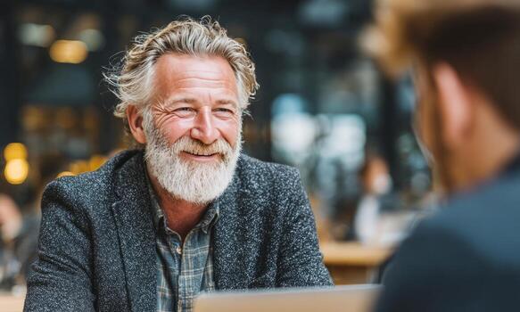Senior man smiling during business meeting at cafe photo