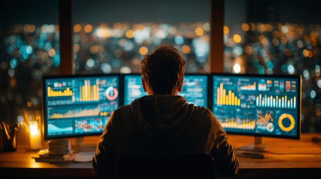 Man analyzing financial data on multiple monitors at night photo