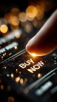 Finger pressing luminous buy now button on screen photo