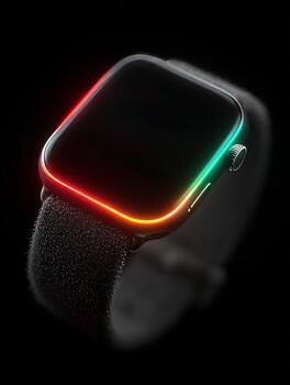 Smartwatch displaying glowing multicolor interface against dark background photo
