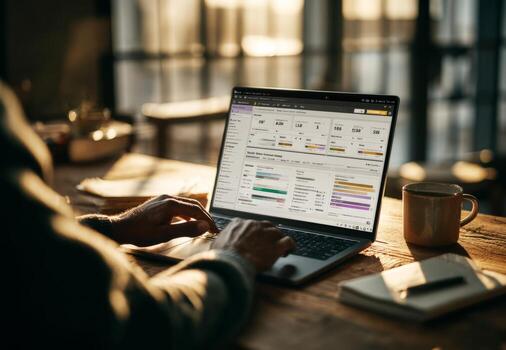 Person analyzing business data on laptop working remotely photo