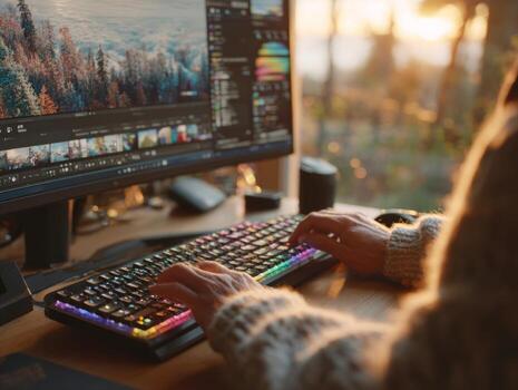 Person editing on computer with rgb keyboard photo