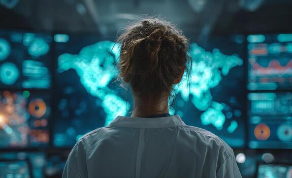 Woman monitoring global data on large screens photo