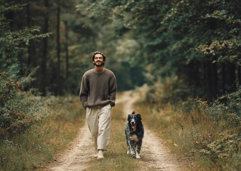Smiling man and dog walking forest path together photo