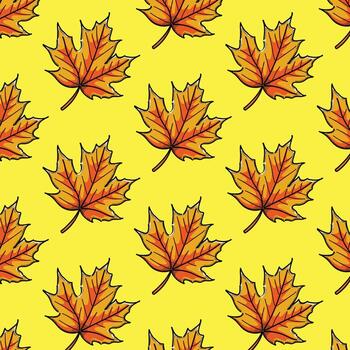 Bright Yellow Background With Repeating Autumn Maple Leaves Pattern For Seasonal Design vector
