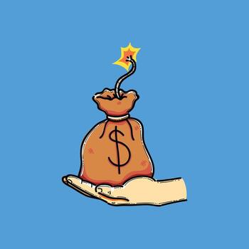 dibujos animados dinero bolso con fusible explotando Chispa - chispear en mano en brillante azul antecedentes vector