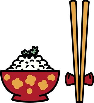 japonés arroz en estampado cuenco con palillos vector