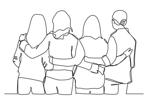 soltero continuo línea dibujo acerca de grupo de mujer desde multi étnico en pie y abrazando juntos a espectáculo su unidad vinculación vector