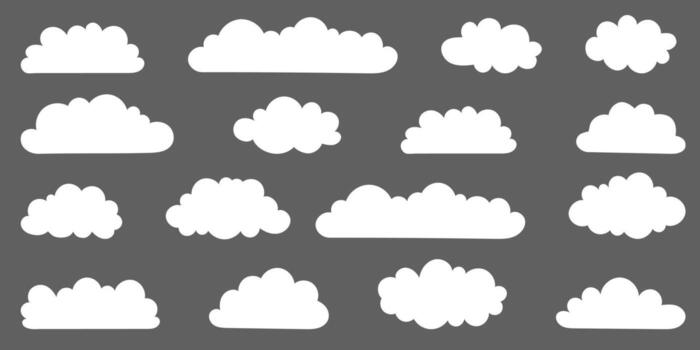 A collection of white cloud illustrations on a gray background. set of cartoon clouds in flat design. Cloud icon set. vector