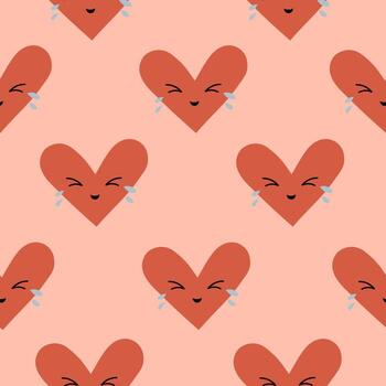 un riendo rojo corazón en un rosado antecedentes. sin costura modelo con corazones. interminable San Valentín día fondo, festivo diseño, y tela. vector