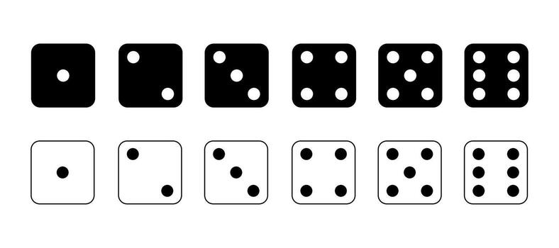 Game dice Icon with side of cube from one to six number. Set of black and white icon sided for gamble. Dot on cube of casino. vector
