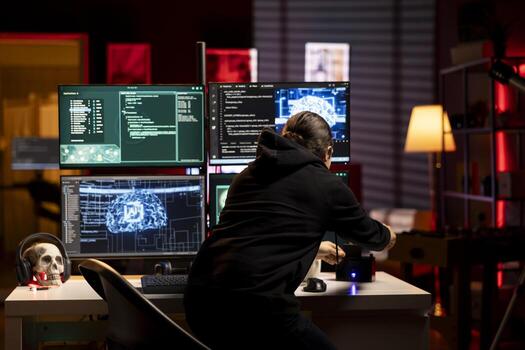 hacker utilizando ai profundo aprendizaje a código malware diseñado a explotar red puertas traseras. pícaro ingeniero utilizando neural redes tecnología a derivación contraseña protecciones seguridad medidas foto