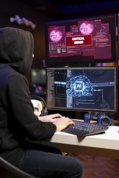 Hacker seeing critical error warning message while trying to steal valuable data from enterprise networks. Man targeting company servers getting cyber attack rejected alert popup on screen photo