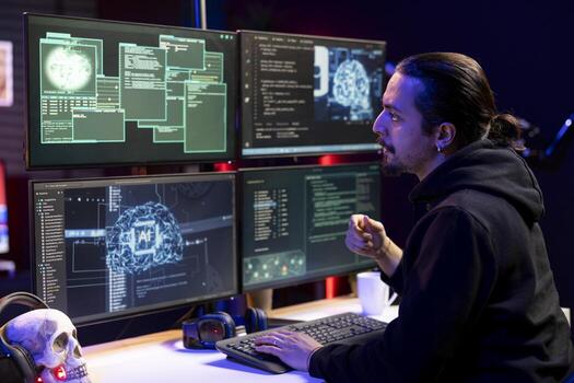 Hacker using malicious virus and artificial intelligence to compromise devices and digital networks, gaining passwords. Man using machine learning tech, stealing and illegally selling data online photo