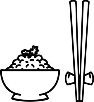 simple line drawn japanese rice in patterned bowl with chopsticks vector