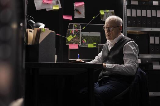 Senior police officer analyzing statements and details from case files, interpreting and connecting important evidence to prove authenticity in a criminal investigation. Secret mission. photo