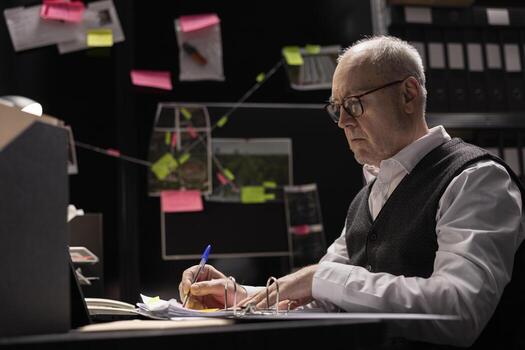 Experienced private investigator working with witness statements from case files, interpreting fingerprints and connecting evidence to prove authenticity in a criminal case. Secret mission. photo