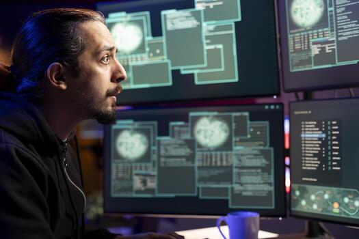 Cybercriminal using malicious script to compromise devices and digital networks, gaining passwords. Black hat hacker stealing, exploiting and illegally selling data online photo