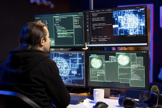 Hacker using AI machine learning to bypass firewalls, launching DDoS attacks on companies websites. Rogue technician using neural networks tech to make malware scripts that can crash servers photo