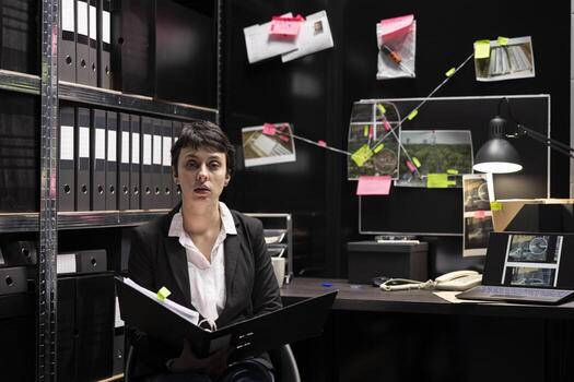 POV of female detective sharing insight on criminal case details via call, discussing evidence with forensic scientist and uncovering other details to make connections for the case. photo