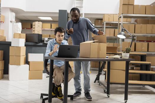 Diverse workers team confused and furious due to custom orders mix up, trying to solve the failure and ship the merchandise for distribution activity. Struggling with delivery business operations. photo